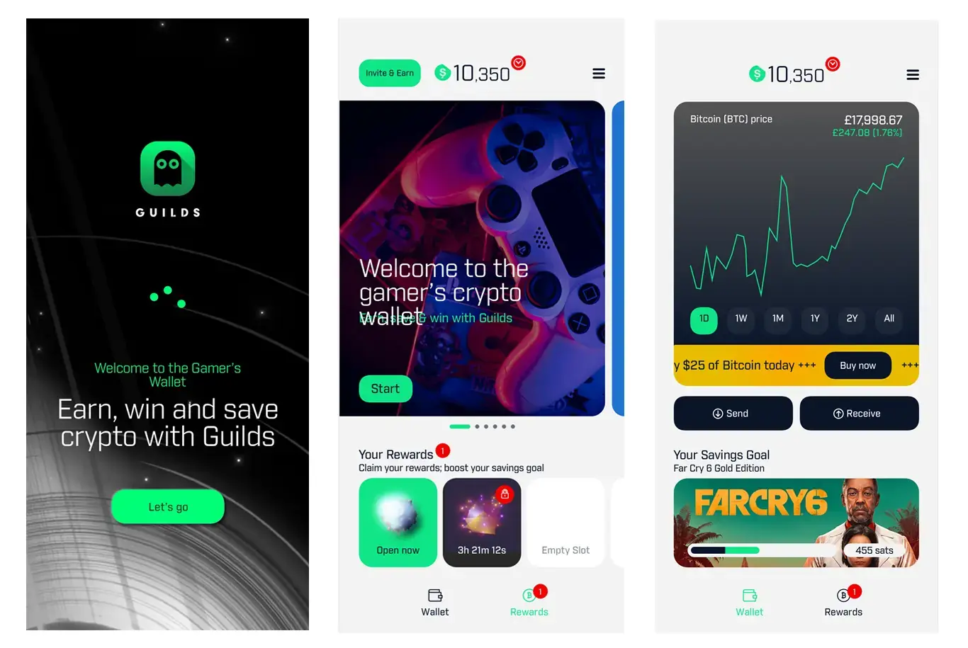 Screenshots of the Guilds mobile app, showing the onboarding, wallet, and rewards screens