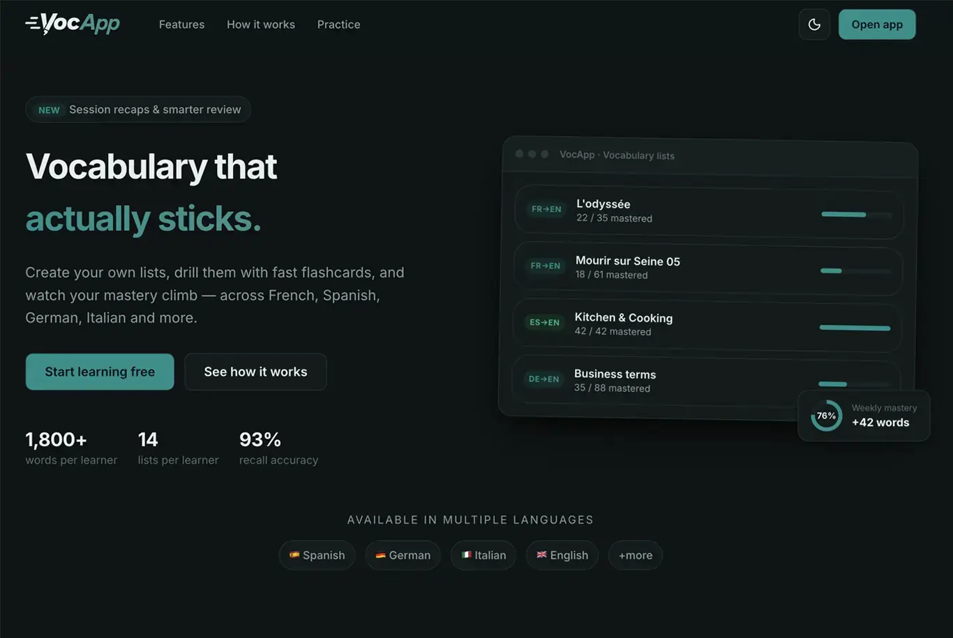 Screenshot of the VocApp web dashboard, showing vocabulary lists and mastery progress